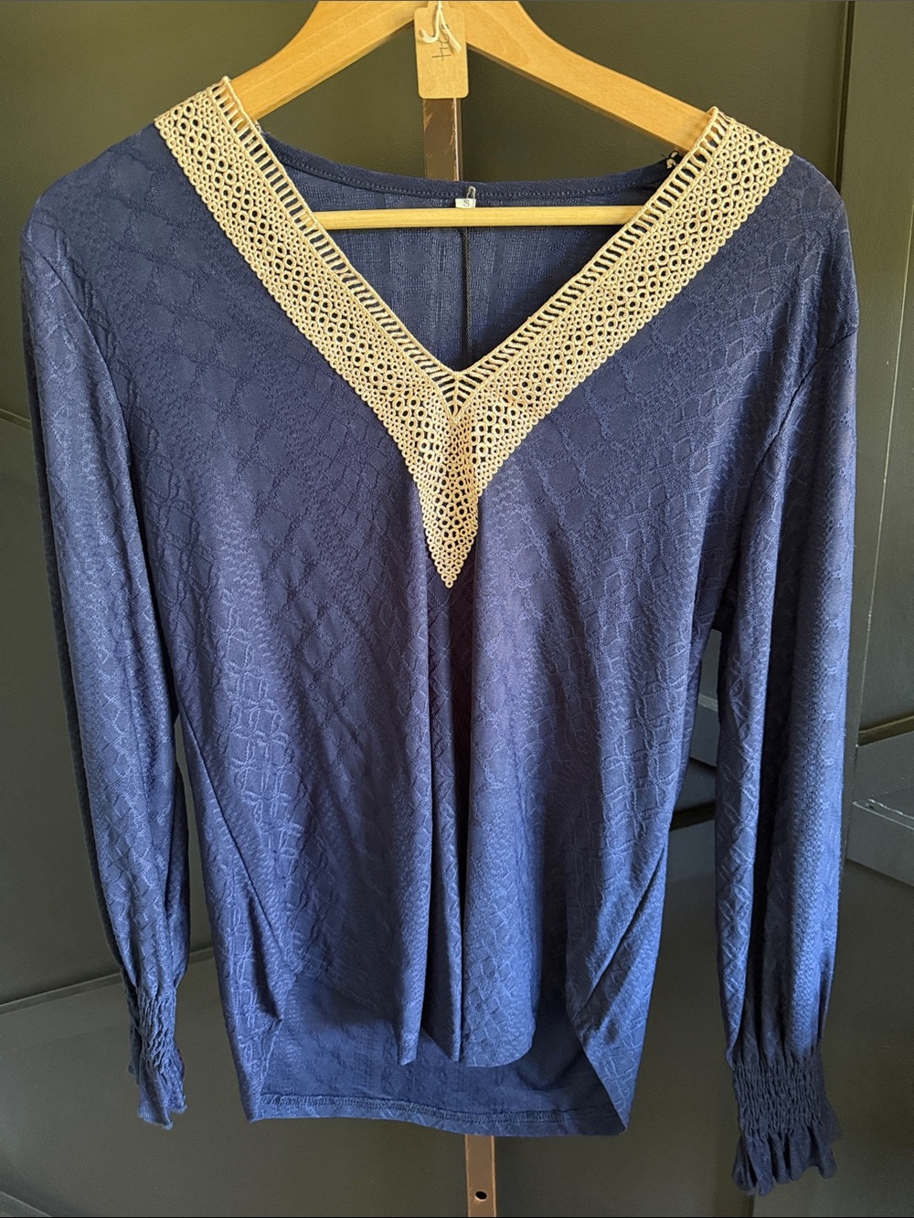 Doublju Navy Top with Cream Crochet V-Neckline